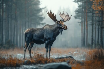Fototapeta premium A Moose Stands Tall in a Misty Forest