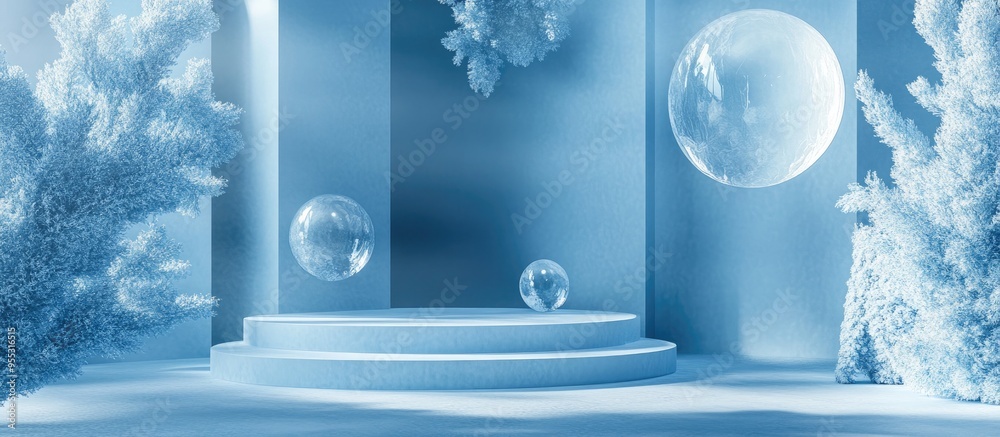 Poster Minimalist scene featuring a podium and an abstract backdrop Geometric shapes in a blue winter color palette 3D rendering with geometric forms and a textured background