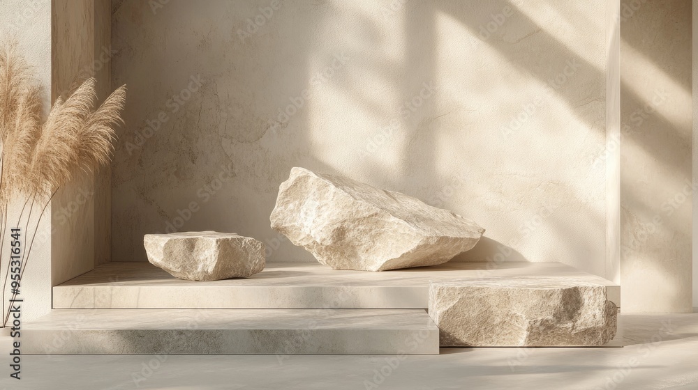 Poster Abstract geometric background featuring stone and rock shapes ideal for a minimalist podium display or showcase 3D rendering