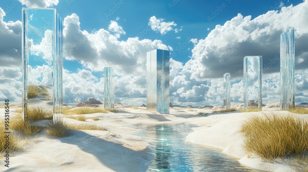 Aufkleber surreal landscape in a fantasy world featuring water vibrant sand and grass 3d rendering of a podium