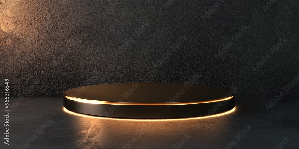 Aufkleber Elegant golden inscription on a black podium softly illuminated front view with a smooth background 3D rendering