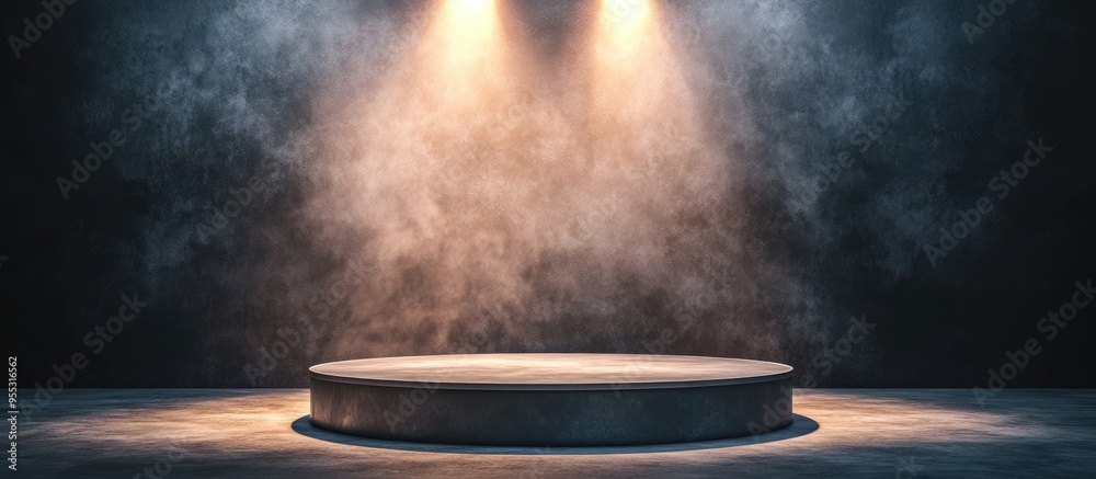 Poster Winner podium and empty display on pedestal with spotlight effect Blank studio pedestal for promotional use 3D visualization