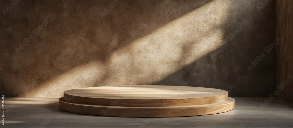 Poster Wooden podium displayed on a workspace in a dimly lit environment 3D rendering