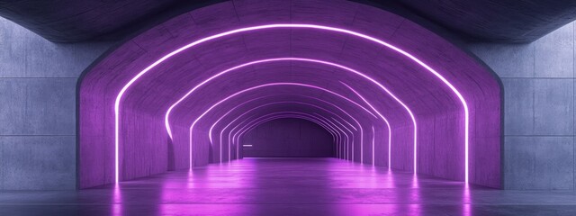 Obraz premium Futuristic interior scene featuring glowing purple lamps in a gray tunnel 3D rendering