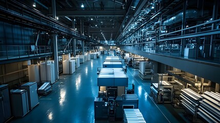 Naklejka premium Efficient Modern Industrial Factory Warehouse Interior with Machinery and Storage