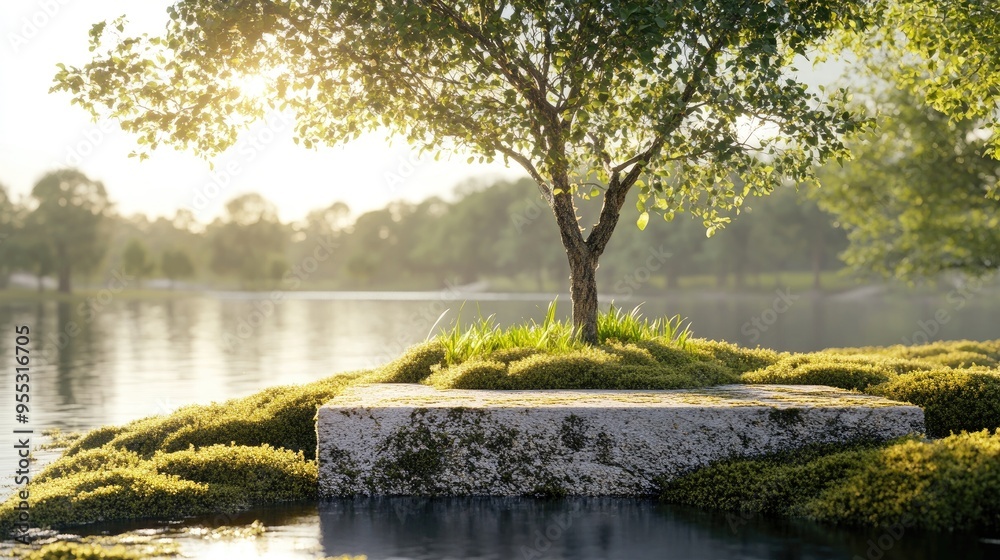 Poster natural display podium by the water featuring a tree and moss 3d render 3d illustration