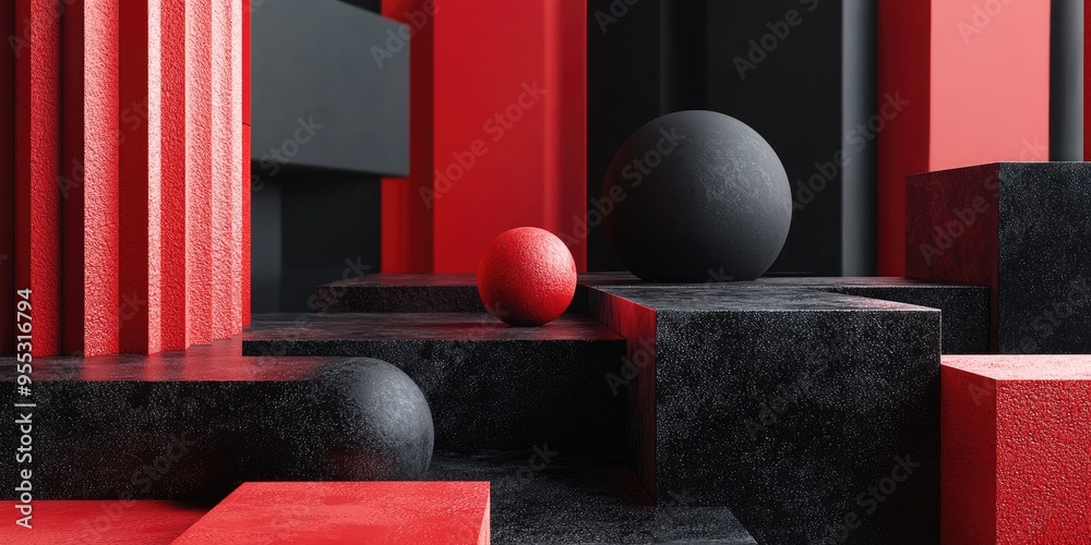 Aufkleber minimalist 3d render of black and red geometric shapes