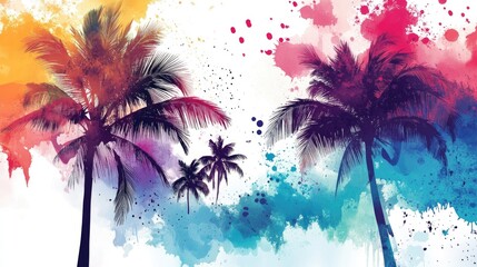 Handwritten travel themed calligraphy with abstract paint splashes and palm silhouettes A vibrant watercolor inspired design perfect for evoking wanderlust