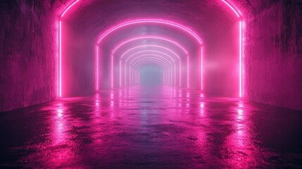 Dark background with lines and spotlights, neon light, and night view. Abstract pink background.
