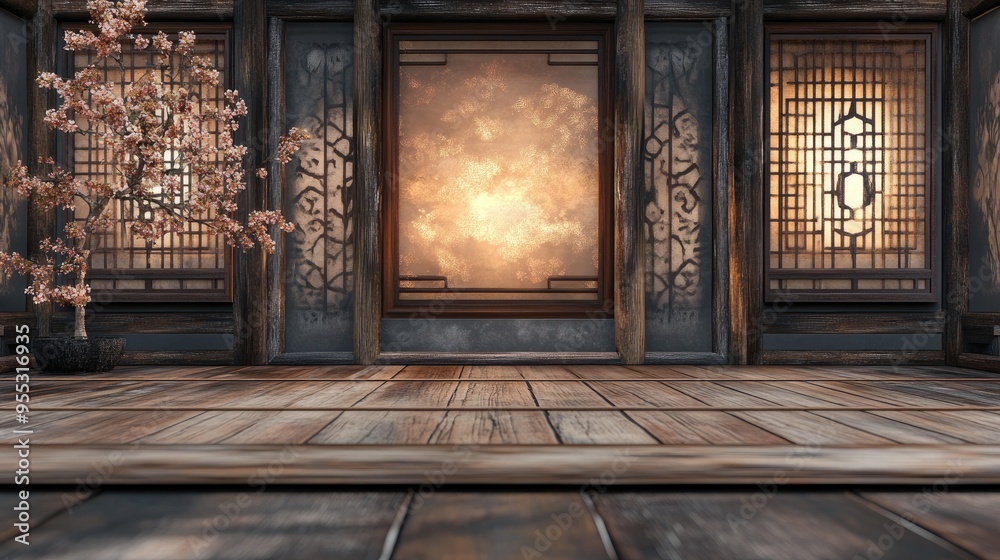 Poster Empty platform with traditional Asian background 3D rendering