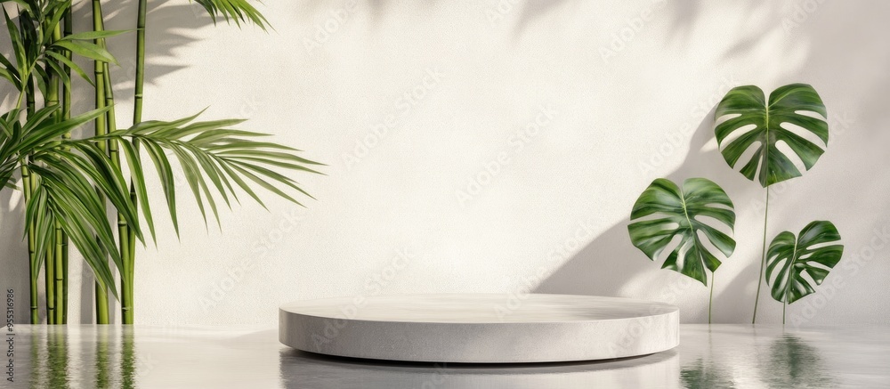 Poster product display pedestal featuring water reflection monstera leaf and bamboo leaf against a white ba