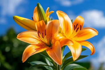Obraz premium Lilies, under a blue sky, radiant in the sun add a splash of color to outdoor spaces