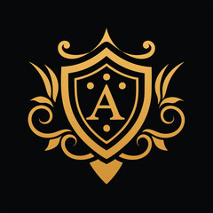 Obraz premium Luxurious golden monogram vector with shield and filigree for high-end branding design.