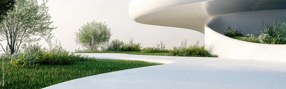 Poster abstract architectural background featuring a white curved structure alongside grassy landscaping re
