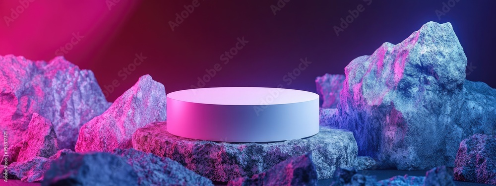 Aufkleber Elegant podium display on a rock surface Mock up for cosmetics and skincare backdrop featuring product presentation with stone elements
