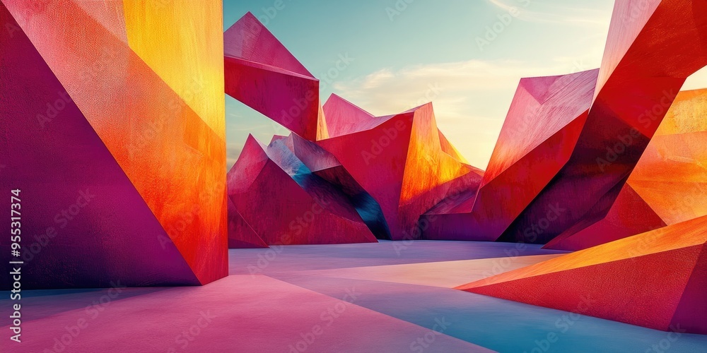 Poster Empty terrain featuring a creative geometric structure background rendered in 3D Digital artwork