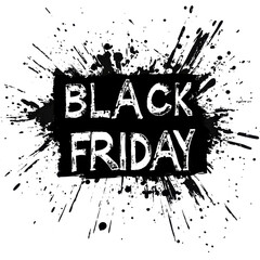 Obraz premium Black grunge stain on white background with bold inscription highlighting Black Friday deals