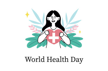 World Health Day linear concept with people scene in the flat cartoon style. A woman holding a heart with a cross and emphasizing the importance of health and well-being. Vector illustration.
