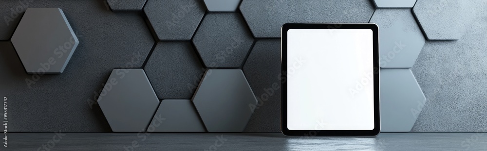 Aufkleber Blank tablet display on a stand featuring a mockup area set against a gray hexagonal backdrop Innovative presentation idea 3D Rendering