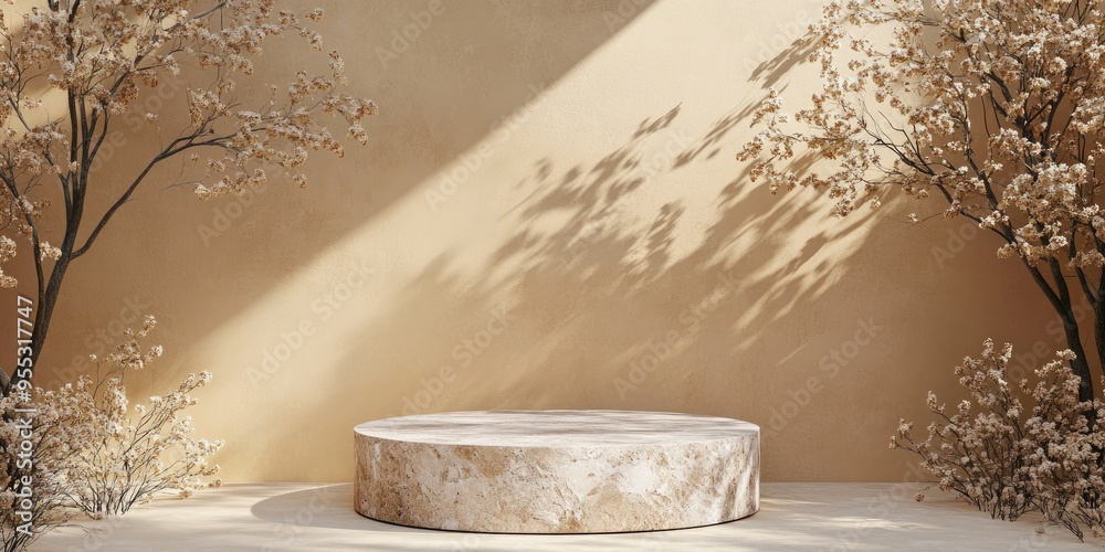 Poster abstract beige backdrop featuring natural stone and a podium in 3d render