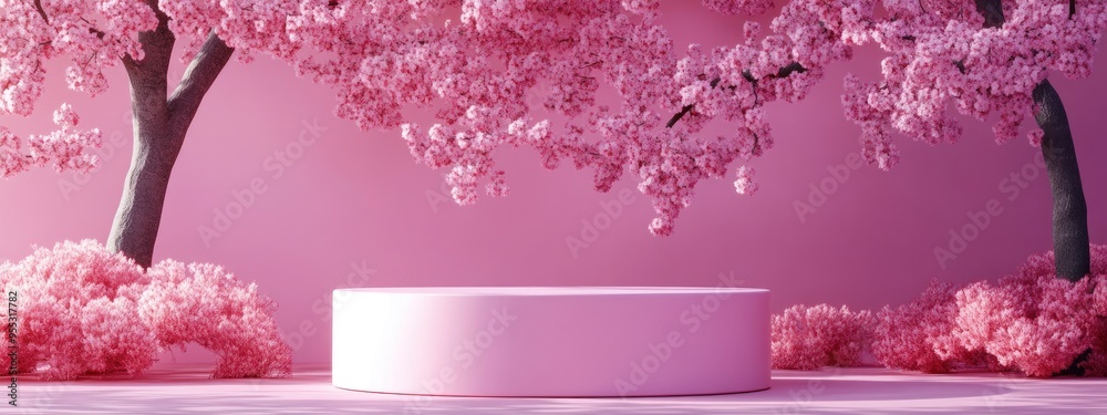 Aufkleber minimalist pink cylinder product podium display with a cherry blossom tree in a garden setting conce