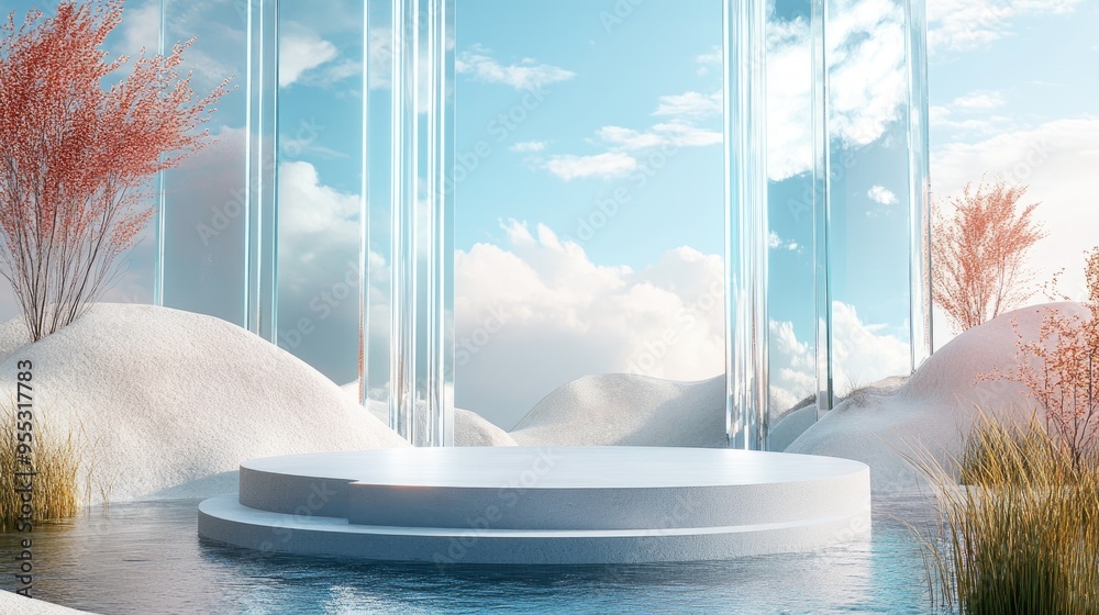 Poster surreal landscape in a fantasy world featuring water vibrant sand and grass 3d rendering of a podium