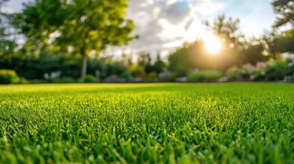 A well-maintained lawn with bright green grass, set against a slightly blurred background of a sunny, landscaped area.