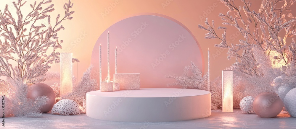 Poster festive product showcase podium with decorative backdrop in 3d rendering