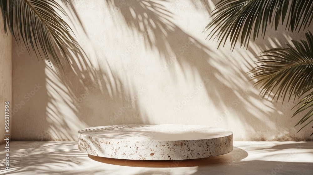 Poster terrazzo podium featuring shadows of tropical palm leaves ideal for cosmetic product display 3d rend