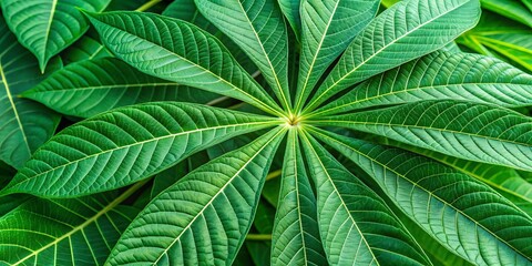 Fototapeta premium The fresh green cassava leaves display a rugged texture, with serrated edges that resemble tiny fangs.