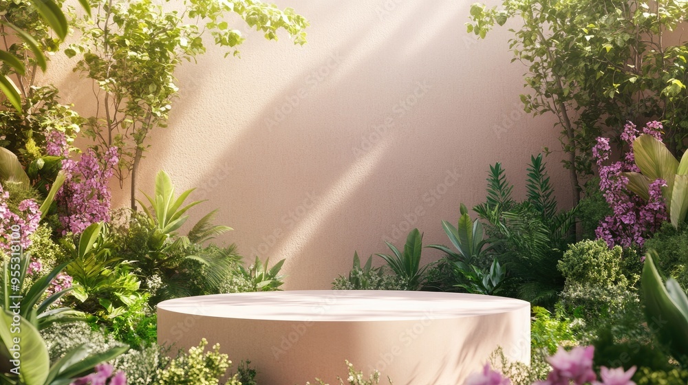 Poster natural beauty podium background for product showcasing with an abstract garden setting 3d rendering