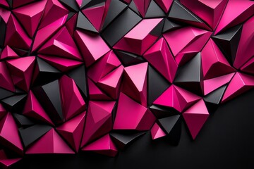 Naklejka premium Viva Magenta abstract art with geometric shapes, illustrated in a scene where geometric shapes in various shades of magenta are arranged against a black background, creating a dynamic and eye-catching