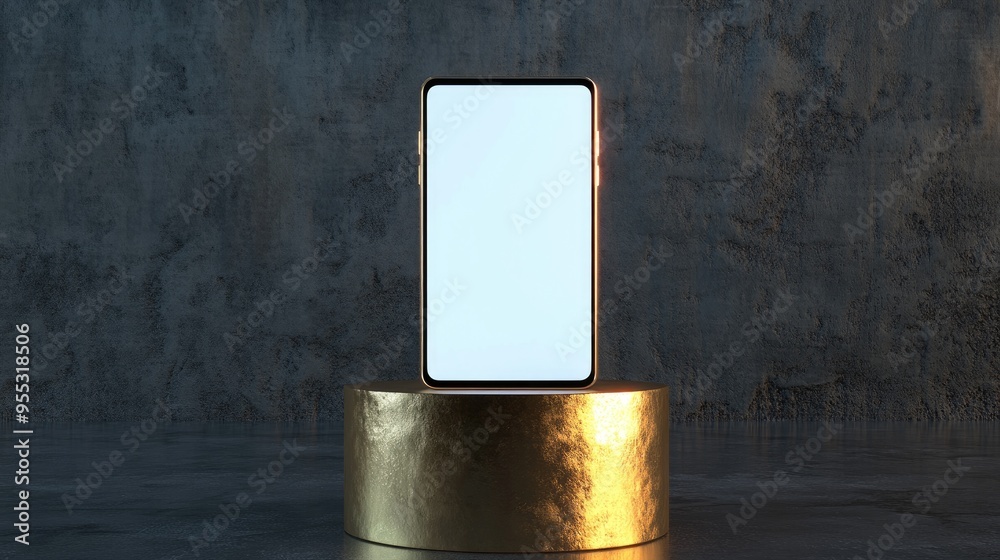 Poster Minimalist white smartphone screen positioned on a golden cylinder against an abstract dark backdrop Realistic mobile device mockup 3D rendering
