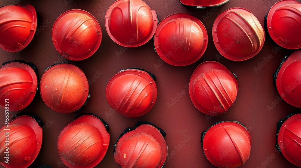 Aufkleber Aerial View of Red Fireman Helmets Creating a Geometric Pattern with Vibrant Textured Background, Captured in Bright Diffused Light