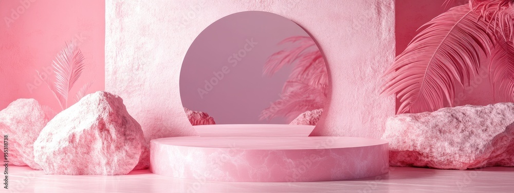 Aufkleber minimalistic pink rock podium and stage for product or cosmetics promotion with a backdrop abstract 