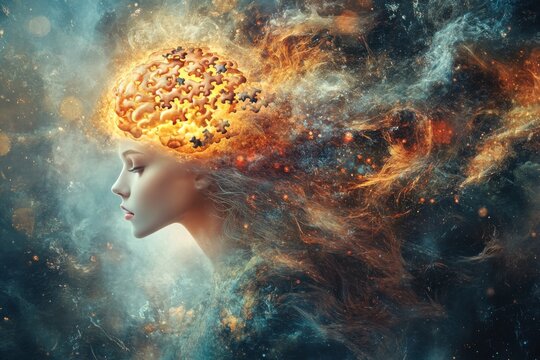 Sensory processing Neuroimaging Abstract portrait of a woman with a brain on fire symbolizing the burning passion of creativity and the transformative power of ideas
