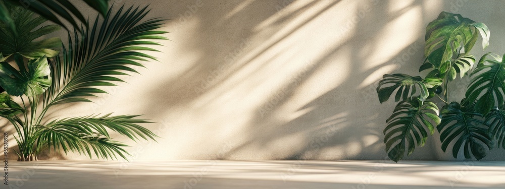 Poster Abstract backdrop for product showcase featuring sunlight and shadows cast by tropical foliage on a beige concrete surface 3D rendering