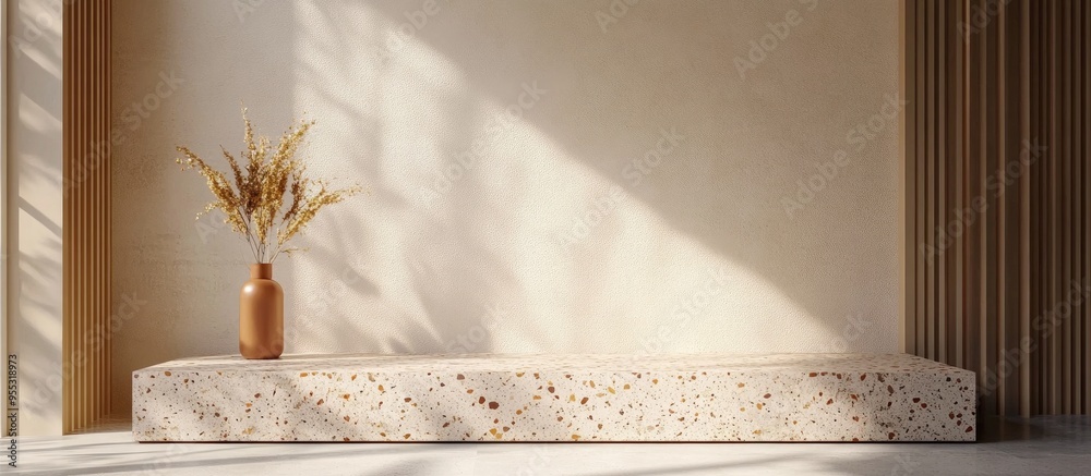 Poster beige minimal wall surface with a 3d rendered template mockup featuring a brown terrazzo pattern pod