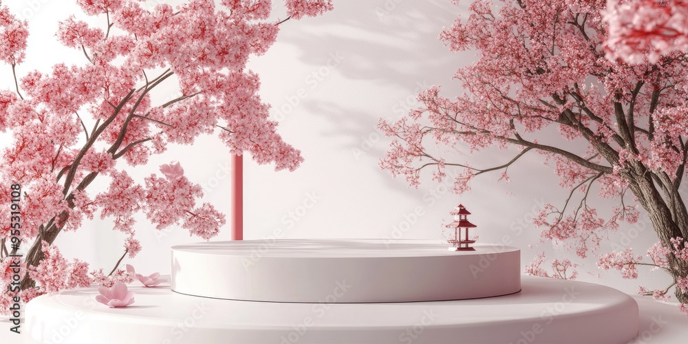 Poster Japanese style architecture with a cherry blossom tree and a podium against a white background for product presentation 3D rendering illustration