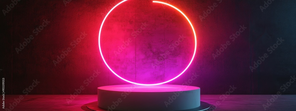 Poster Abstract light lines in a white circular pedestal 3D rendering