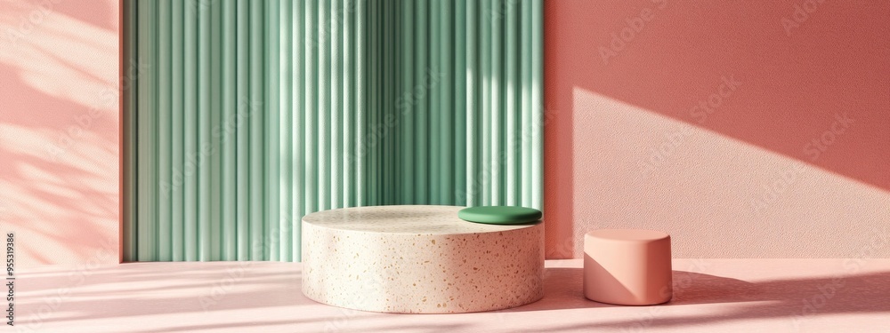 Aufkleber Abstract geometric shapes for product display featuring minimal and modern design concepts with pink and green colors including a pedestal podium and stand in 3D rendering