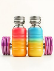 Fitness Themed Minimalist with Colorful Dumbbells and Water Bottle on White Background