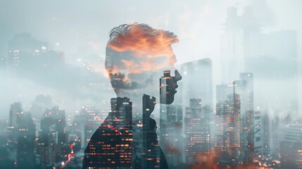 Double exposure of a man with city buildings