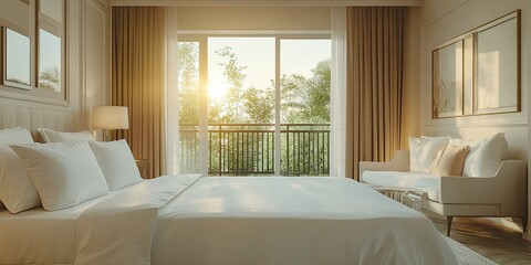 luxury cream hotel room with white modern set of bed and beautiful view balcony 