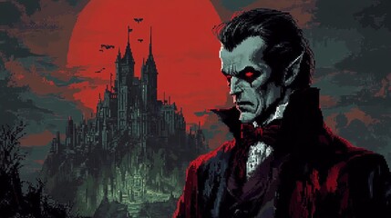 8-bit vampire with a pixelated castle in the background, Retro 8-bit, Halloween horror