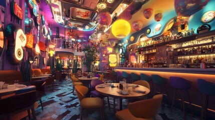 A vibrant restaurant with dynamic 3D-rendered decor and ever-changing themes