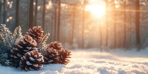 A serene winter forest scene at sunrise with sunlight filtering through the trees and pine cones covered in frost resting on a blanket of snow