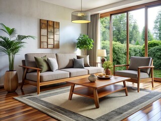 The modern living room features a comfortable koa wood sofa, paired with a coffee table and armchair, creating