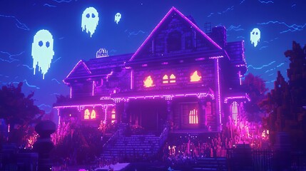 Obraz premium Neon-lit haunted house with pixelated ghosts floating above, Retro 8-bit, Halloween nostalgia