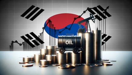 Stacks of coins with oil barrels and a pumpjack against the Republic of Korea flag, symbolizing the economic impact of the oil industry on economy and financial markets.